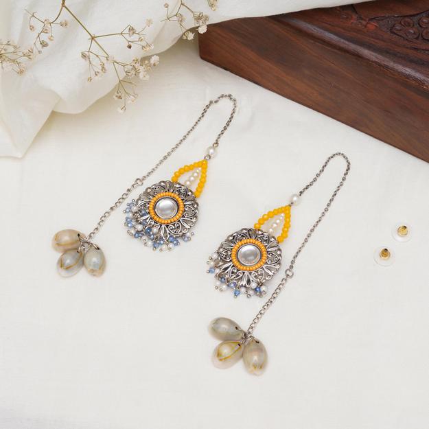 Yellow Beaded Kanuati Earrings With Shells