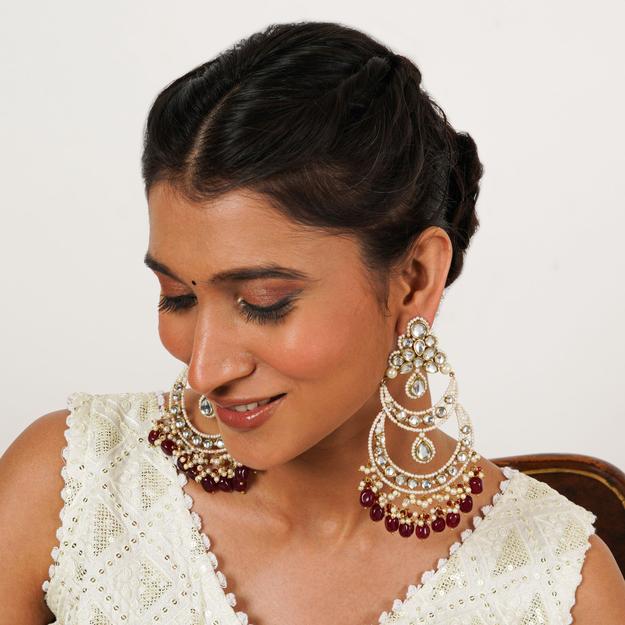 Royal Kundan Chandbali Earrings with Pearls & Maroon Semi Precious Stones