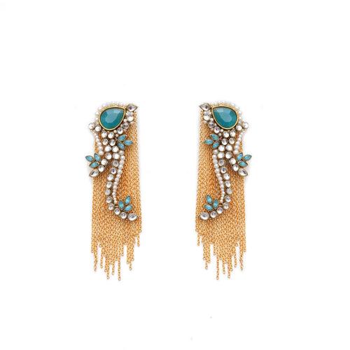 Kundan Peacock Inspired Earrings with Gold Chains and Turquoise Stones