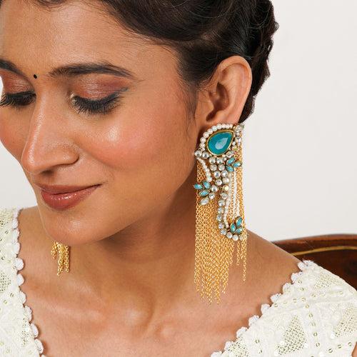 Kundan Peacock Inspired Earrings with Gold Chains and Turquoise Stones