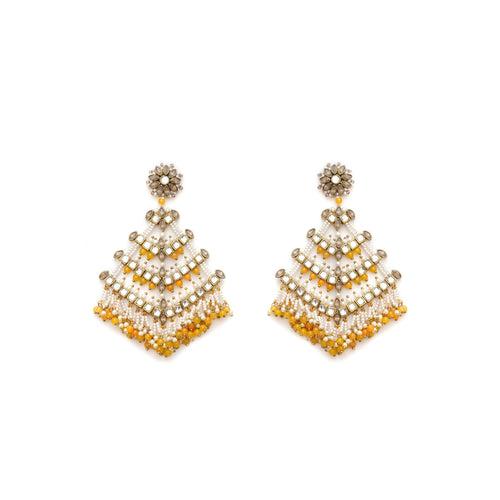 Traditional Kundan Dangler Earrings with Yellow Beads & White Pearls