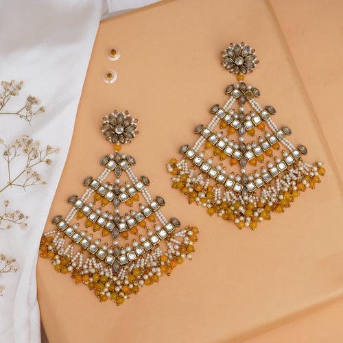 Traditional Kundan Dangler Earrings with Yellow Beads & White Pearls