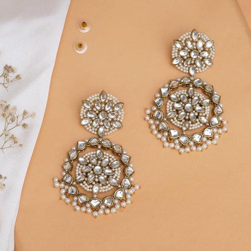 Handcrafted Kundan Flower Stud Earrings with Pearl Fringe