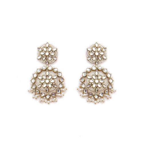 Handcrafted Kundan Flower Stud Earrings with Pearl Fringe