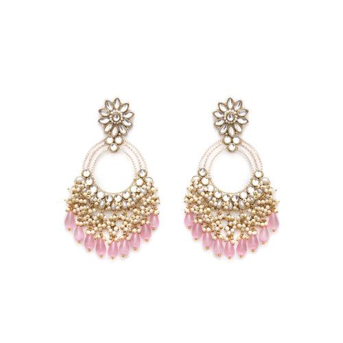 Rose Pink Crystal Kundan Chandbali Earrings with Pearls