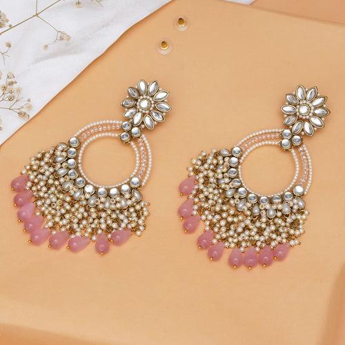 Rose Pink Crystal Kundan Chandbali Earrings with Pearls