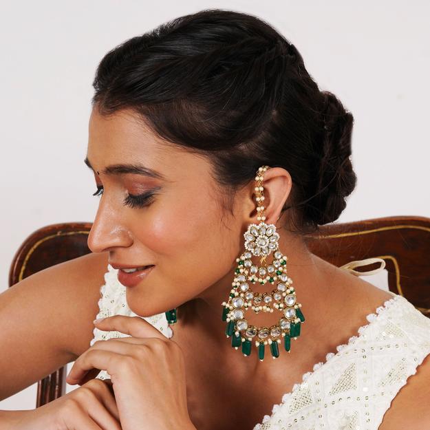 Traditional Kundan Chandelier Earrings with Green Stones