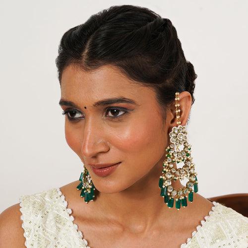 Traditional Kundan Chandelier Earrings with Green Stones