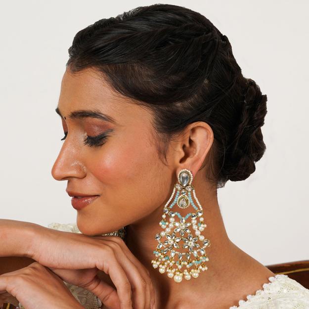 Pastel Kundan Earrings with Floral Design and Pearl Fringe