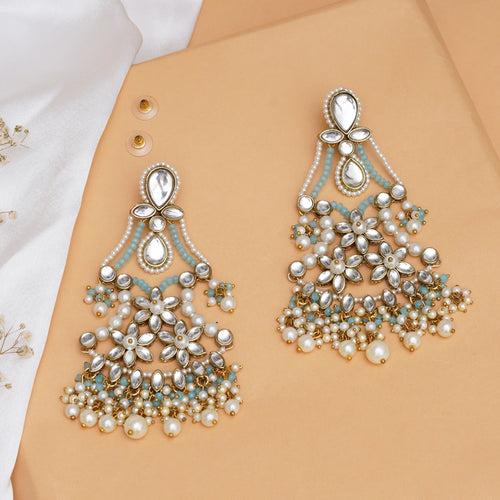 Pastel Kundan Earrings with Floral Design and Pearl Fringe