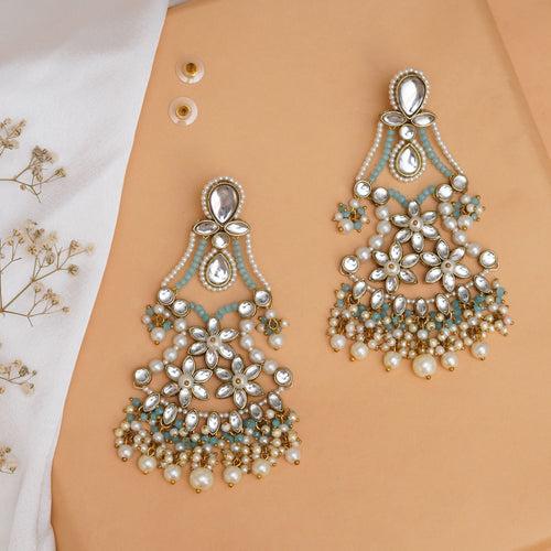 Pastel Kundan Earrings with Floral Design and Pearl Fringe