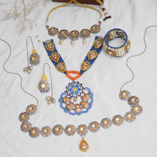 Boho-Inspired Complete Kundan Jewelry Set with Bangle,Necklace, Waistbelt, and Earrings