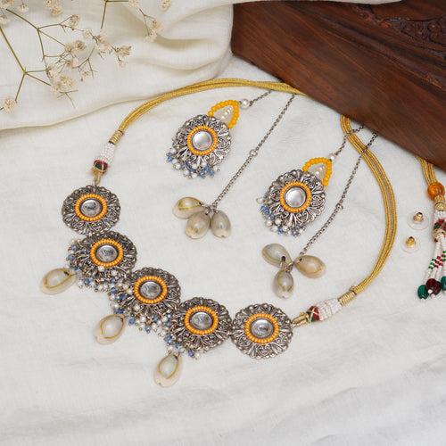 Boho-Inspired Complete Kundan Jewelry Set with Bangle,Necklace, Waistbelt, and Earrings