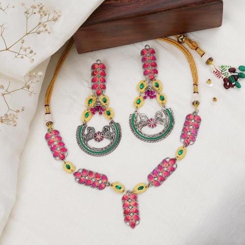 Bold Red and Green Meenakari Necklace with Peacock Motif Earrings