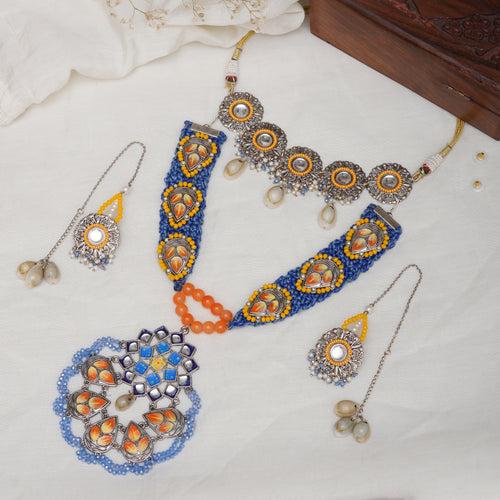 Bohemian Vibes Blue & Orange Necklace Set