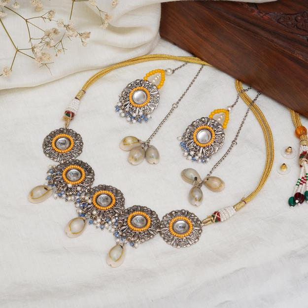 Royal Mirrorwork Oxidized Necklace and Earrings Set With Shells