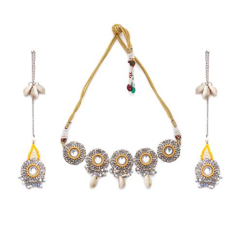 Royal Mirrorwork Oxidized Necklace and Earrings Set With Shells