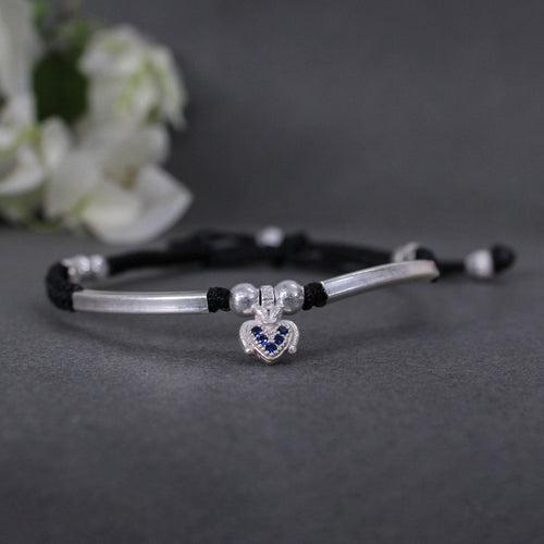 925 Sterling Silver Adjustable Anklet with Black Cord and Heart Charm