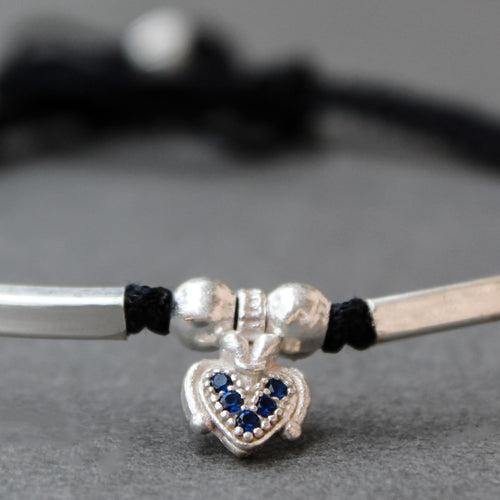 925 Sterling Silver Adjustable Anklet with Black Cord and Heart Charm