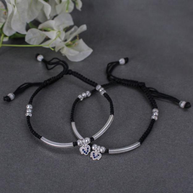 925 Sterling Silver Adjustable Anklet with Black Cord and Heart Charm