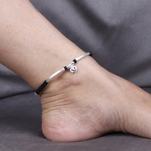 925 Sterling Silver Adjustable Anklet with Black Cord and Heart Charm