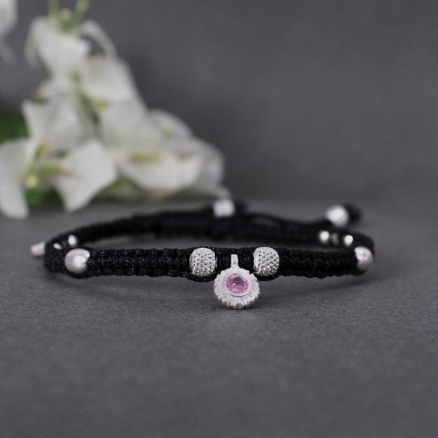 Adjustable 925 Sterling Silver Anklet With Black Cord and Pink Gemstone