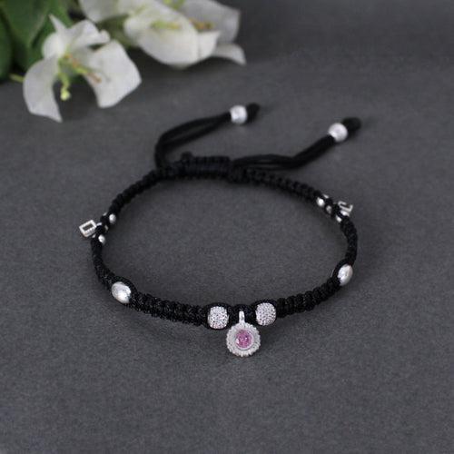 Adjustable 925 Sterling Silver Anklet With Black Cord and Pink Gemstone