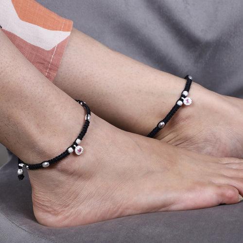 Adjustable 925 Sterling Silver Anklet With Black Cord and Pink Gemstone