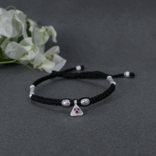 925 Silver Adjustable Anklet with Beaded Cord and Ruby Pendant