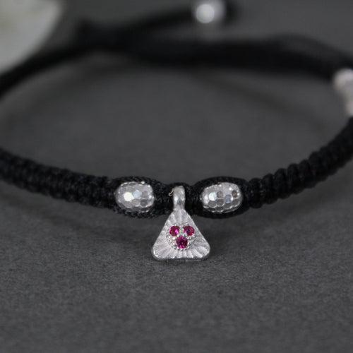 925 Silver Adjustable Anklet with Beaded Cord and Ruby Pendant