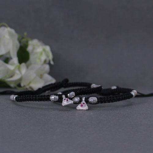 925 Silver Adjustable Anklet with Beaded Cord and Ruby Pendant