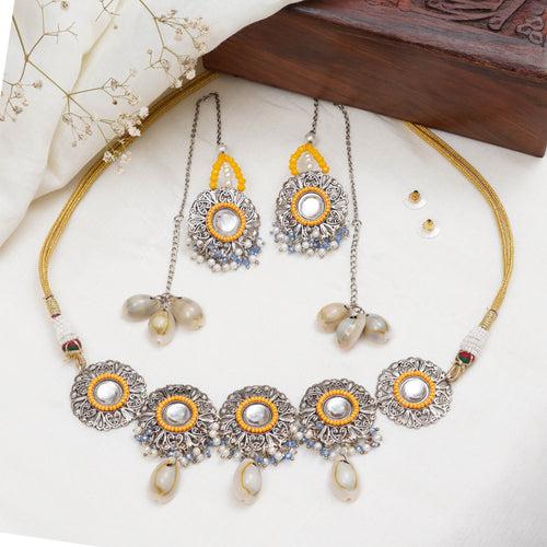 Royal Mirrorwork Oxidized Necklace and Earrings Set With Shells