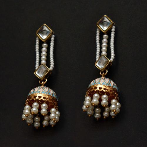 Kundan & Blue Jhumki Earrings