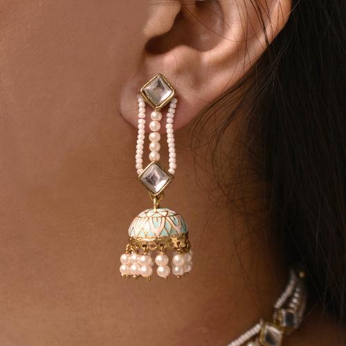 Kundan & Blue Jhumki Earrings