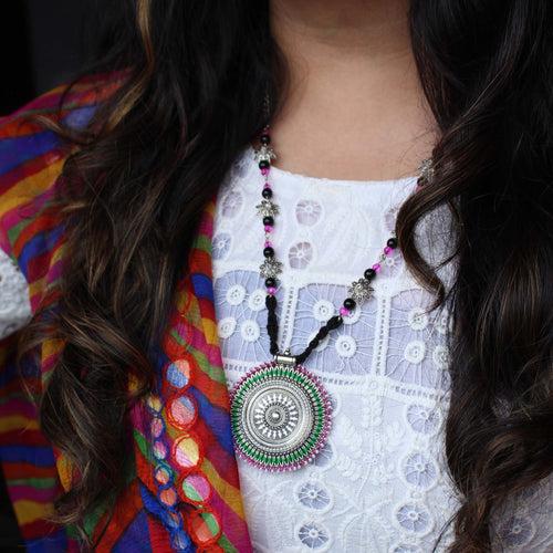 Oxidized Silver Pink & Green Long Haar