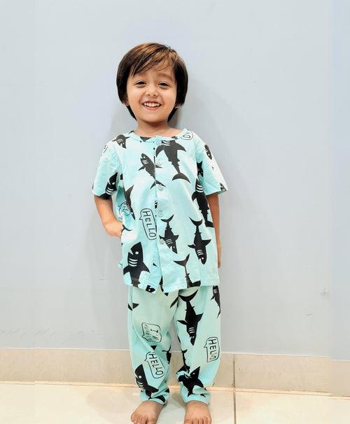 Shark Pattern Kids Half Sleeves Nightwear Pajama Set