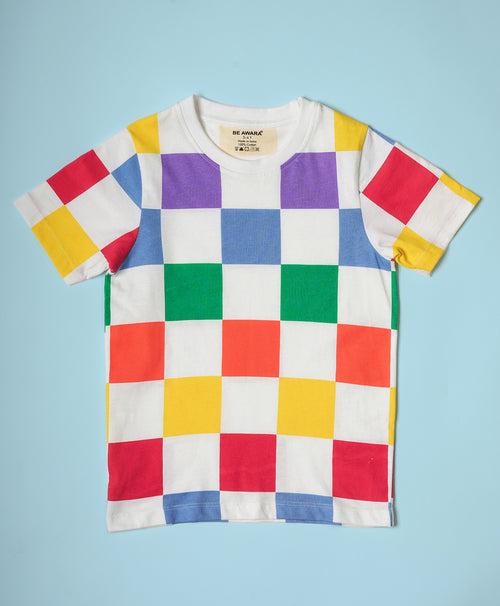 Colorful Checkered Pattern Half Sleeves T-Shirt & Shorts Set