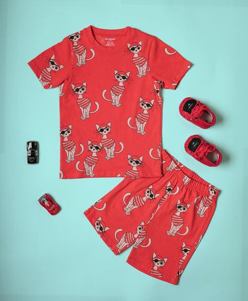 Piracat Pattern Half Sleeves T-Shirt & Shorts Set