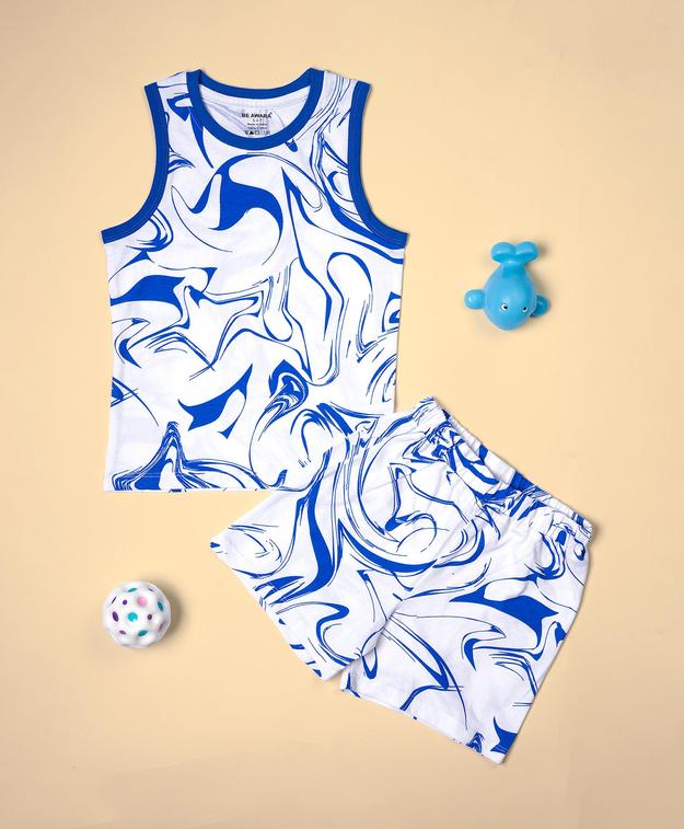 Boys Blue Marble Print Sleeveless Tee & Shorts Set