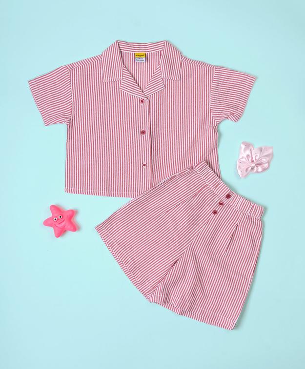 Girls Red-White Stripes Drop Shoulder Shirt & Short Set