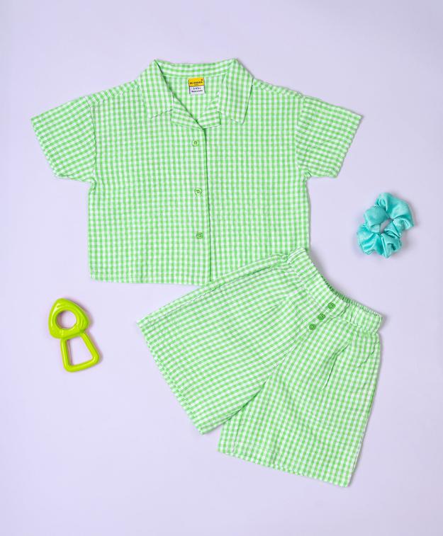 Girls Green-White Checks Drop Shoulder Shirt & Short Set