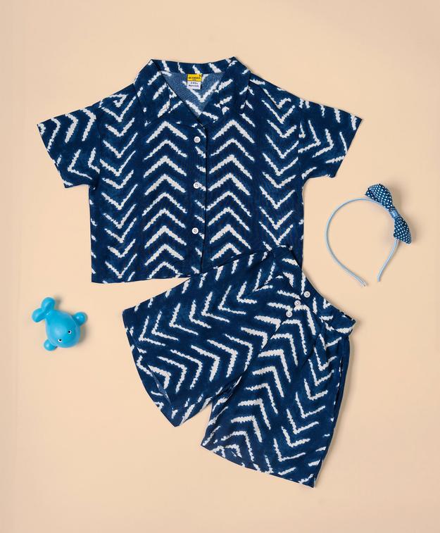 Girls Blue-White Stripes Drop Shoulder Shirt & Short Set