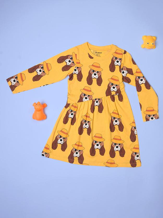 Girls Doggie Pattern Full Sleeves Fit & Flared Slanting Hem Dress