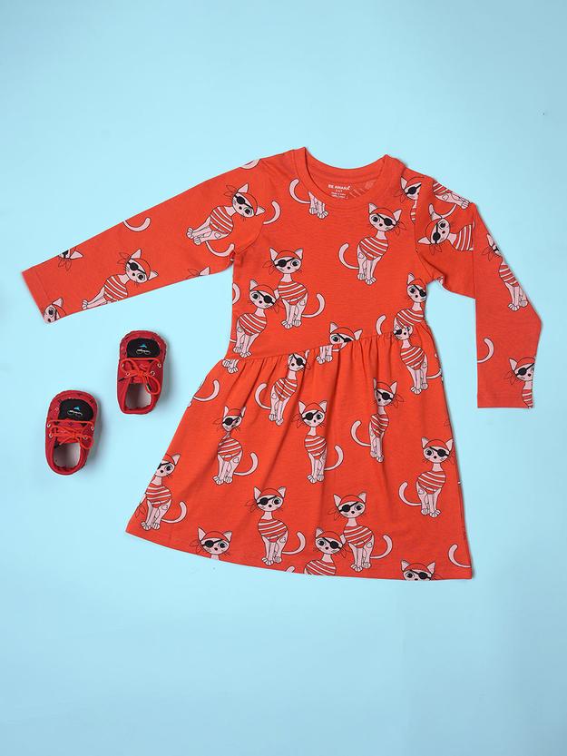 Girls Piracat Pattern Full Sleeves Fit & Flared Slanting Hem Dress