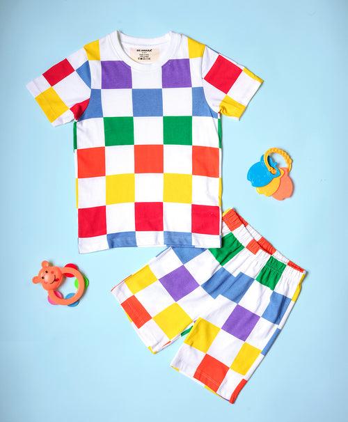 Colorful Checkered Pattern Half Sleeves T-Shirt & Shorts Set