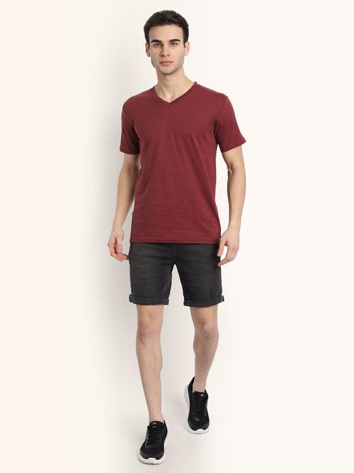 Maroon Half Sleeves V Neck T-Shirt