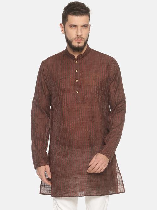 Brown Cotton Striped Straight Short Kurta