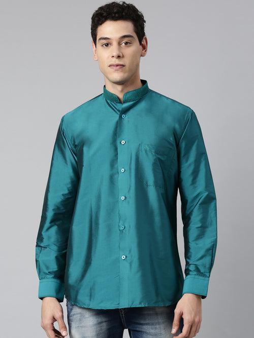 Sea Green Color Art Silk Slim Fit Solid Party Shirt