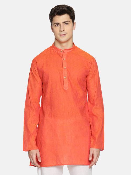 Orange Cotton Printed Straight Short Kurta