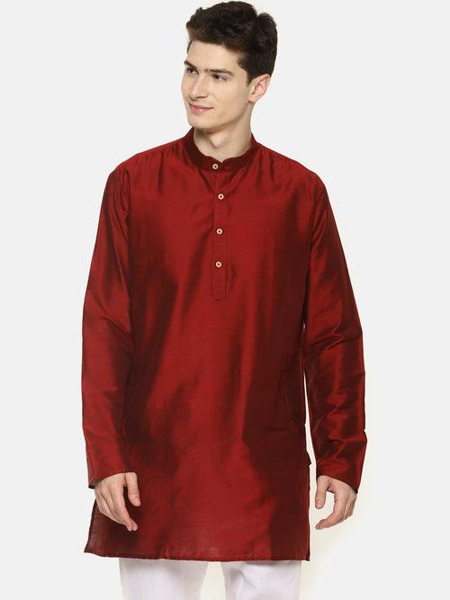 Maroon Cotton Solid Straight Short Kurta